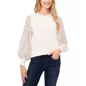 CeCe Women's Cotton Ruffled Contrast Pullover Sweater Long Sleeve White SZ S NWT